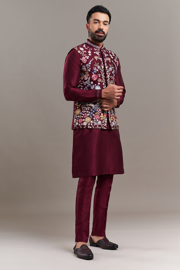 Maroon Chanderi Silk Floral Garden Men's Kurta with Jacket