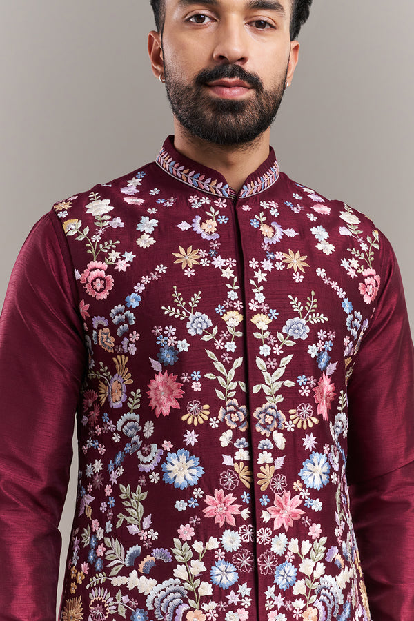 Maroon Chanderi Silk Floral Garden Men's Kurta with Jacket