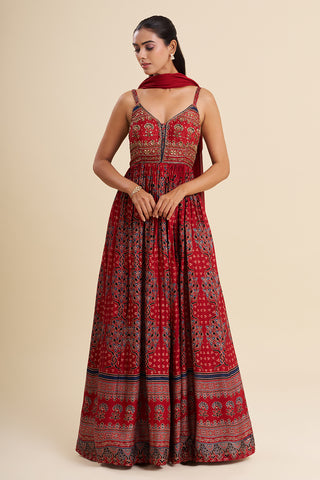 Maroon Cotton Anarkali Set with Ajrakh Work