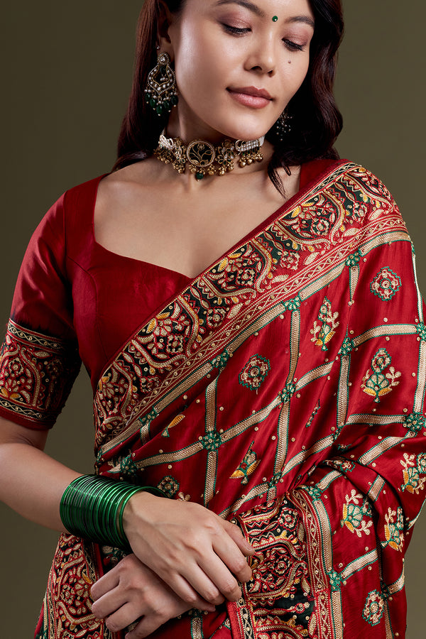 Maroon Floral Motif Embroidered Silk Saree Gharchola