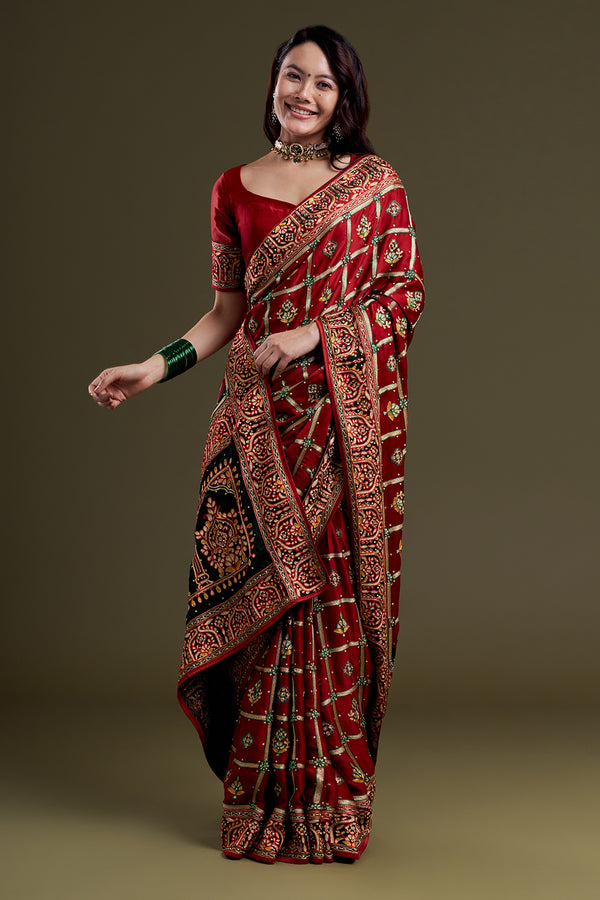 Maroon Floral Motif Embroidered Silk Saree Gharchola