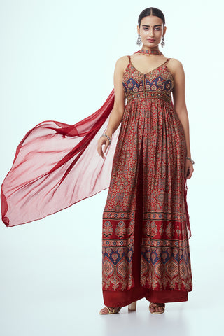 Maroon Ajrakh Modal Anarkali Suit with Sequin Work