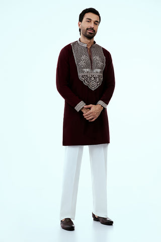 Maroon Premium Crepe Mens Kurta Set with Handwork