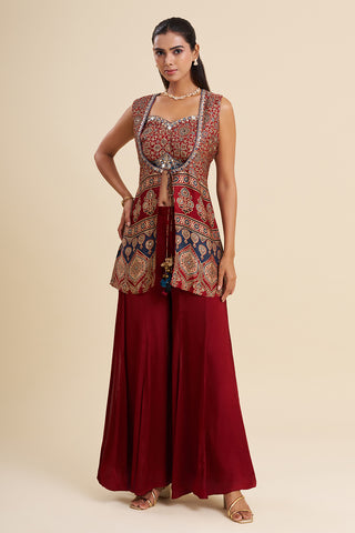 Maroon Satin Modal Fusion Set with Ajrakh Work
