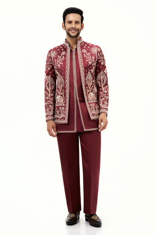 Maroon Satin Silk Jodhpuri Set with Beads and Aari Work
