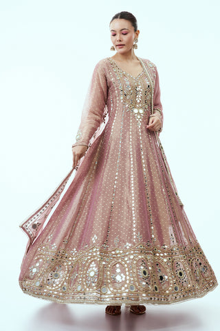 Mauve Anarkali with Gota Patti and Mirror work and Organza Dupatta