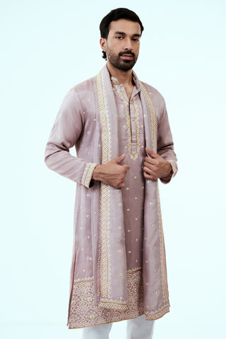 Mauve Raw Silk Mens Kurta Set in Resham Work with Dupatta