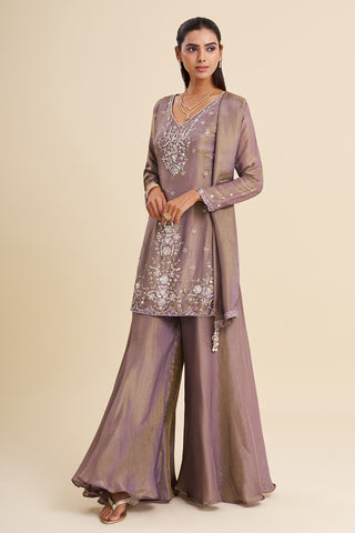Mauve Tissue Shimmer Kurta Set with Resham Embroidery