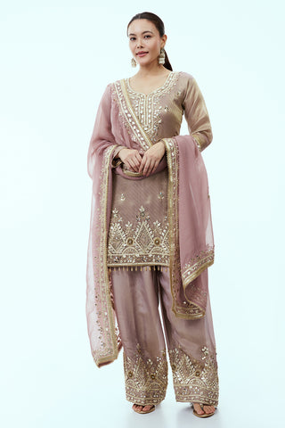 Mauve Tissue Suit with Mirror and Gota Work