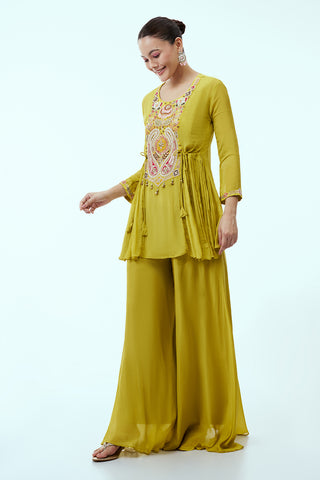 Mehendi Green Chinon Palazzo with Multi Resham Embroidery