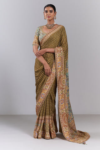 Mehendi Green Crepe Embellished Saree And Stitched Blouse