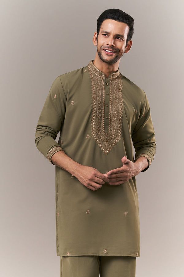 Mehendi Green Crepe Mens Kurta Set with Dori Work