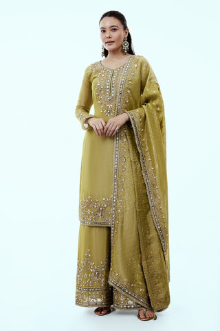 Mehendi Green Shimmer Tissue Palazzo Suit with Mirror and Zari work