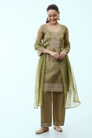 Mehendi Green Tissue Kurta Set with Aari Embroidery