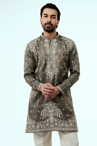 Mehendi Green Tissue Mens Kurta Set with Resham and Zari Work
