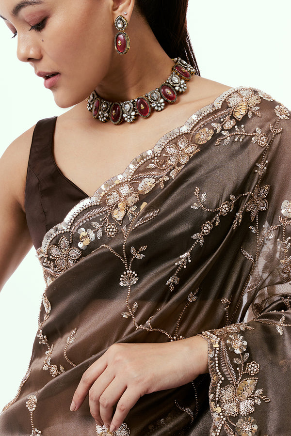 Metallic Bronze Shimmer Zari Tissue Saree with Cutdana Work