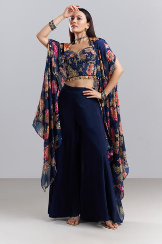 Midnight Blue Embellished Bralette Palazzo Set with Floral Printed Cape