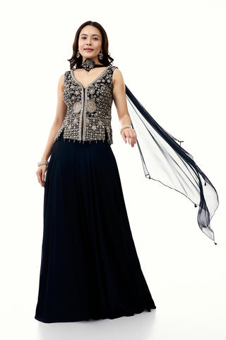 Midnight Blue Georgette Palazzo Set with Mirror and Zari Work