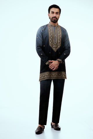 Midnight Blue Ombre Nokia Silk Mens Kurta Set with Zardosi and Sequin Work