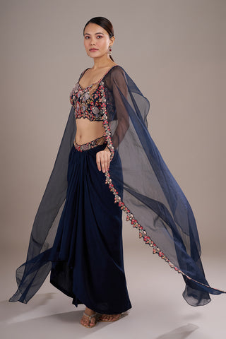 Midnight Blue Silk Draped Lehenga Set with Multicolor Work