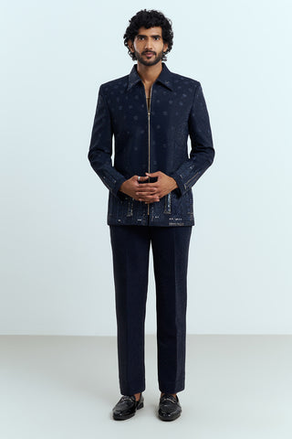 Midnight Navy Embellished Zip Jacket Men's Suit Set