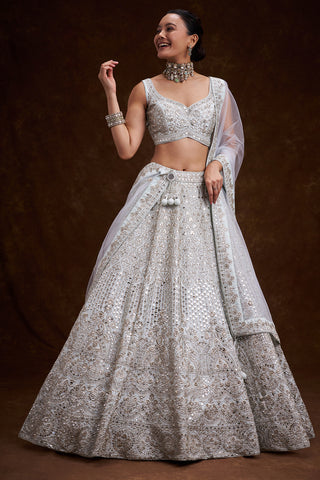 Mint Blue Raw Silk Contemporary Lehenga with Zari and Mirror Work