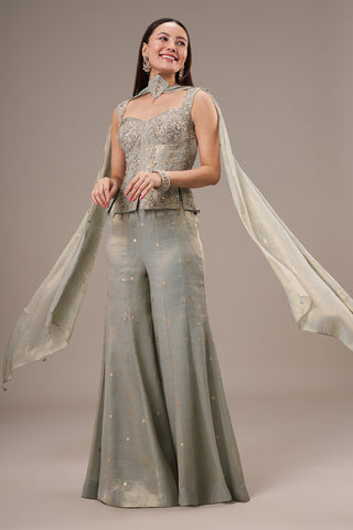 Mint Blue Silk Jumpsuit with Mirror and Zardosi Work