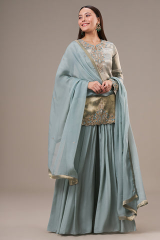 Mint Blue Tissue Palazzo Suit with Resham and Zardosi Work