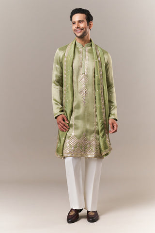 Mint Green Brocade Mens Kurta Set with Mirror Work