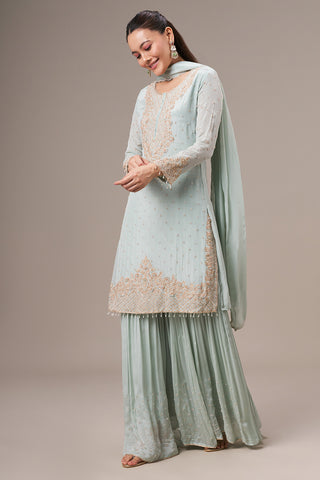 Mint Green Chinon Sharara Suit with Resham and Cutdana Work