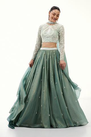 Mint Green Crushed Crepe Lehenga with Pearl and Bead Embellishments