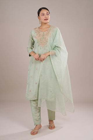 Mint Green Organza Silk Kurta Set with Thread Embroidery