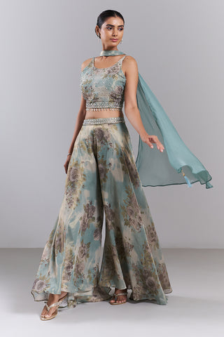 Mint Green Shimmer Organza Printed Palazzo Set