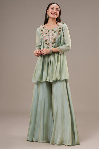 Mint Green Tissue Palazzo Co ord Suit with Zardosi and Bead Work