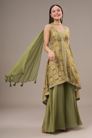 Moss Green Khadi Georgette Palazzo Suit with Zari and Sequin Work