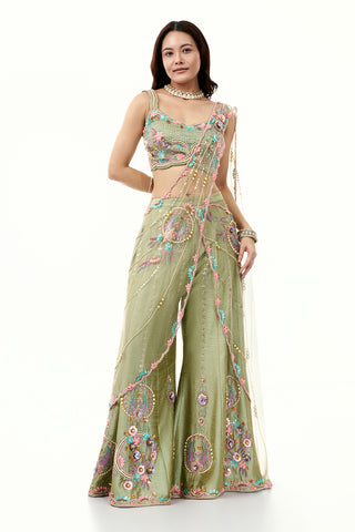 Moss Green Raw Silk Set with 3D Floral Work