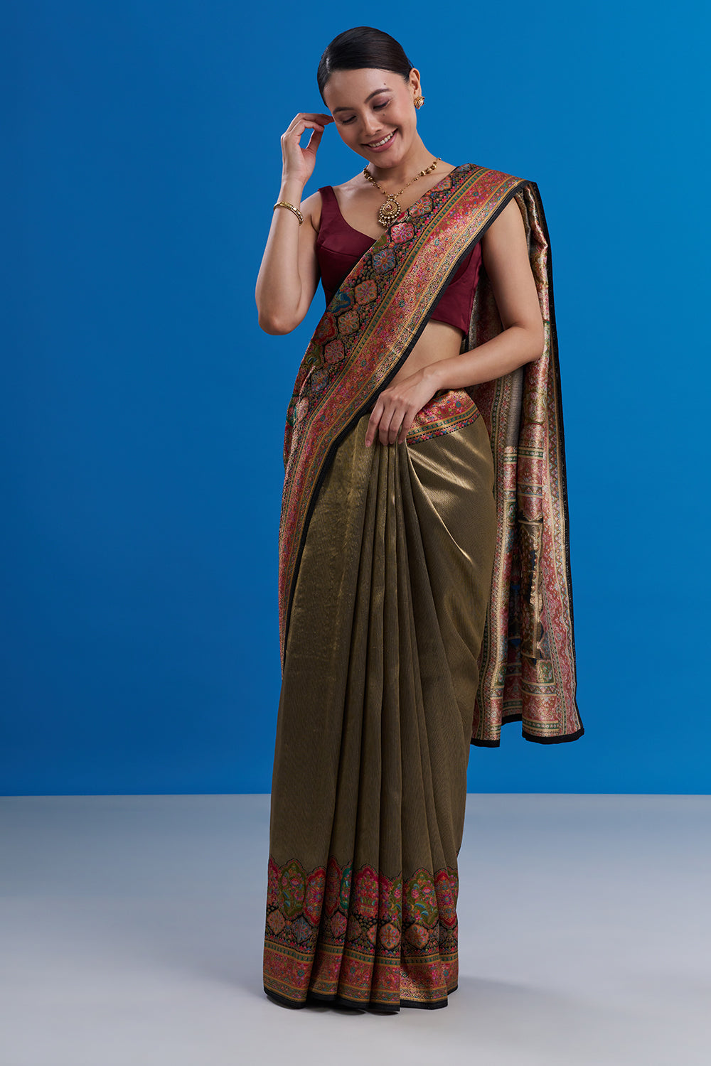 Multi-Colored Banarasi Silk Floral Print Saree And Unstitched Blouse