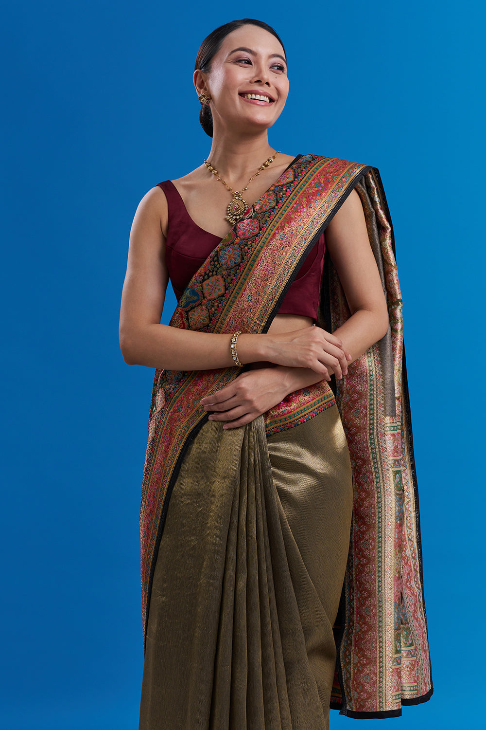 Multi-Colored Banarasi Silk Floral Print Saree And Unstitched Blouse