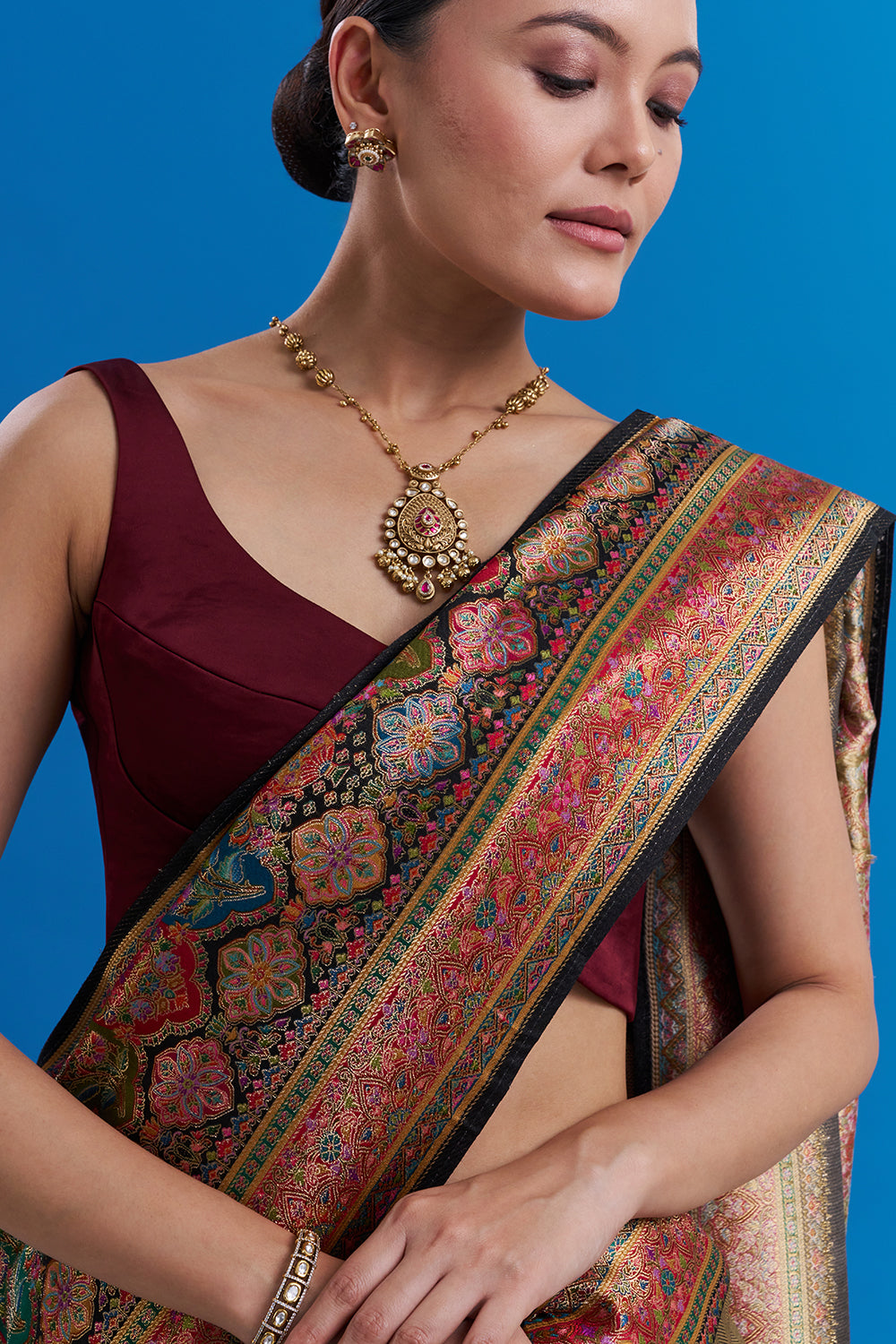 Multi-Colored Banarasi Silk Floral Print Saree And Unstitched Blouse