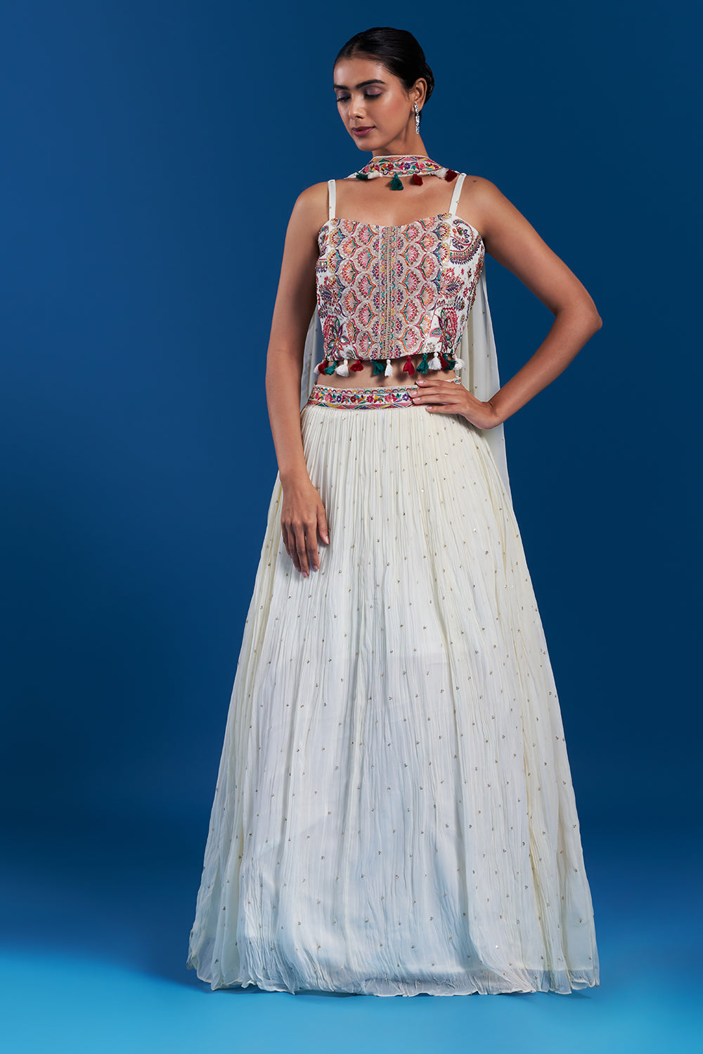 Multi-Colored Chiffon Skirt Set with Mirror Embellishments