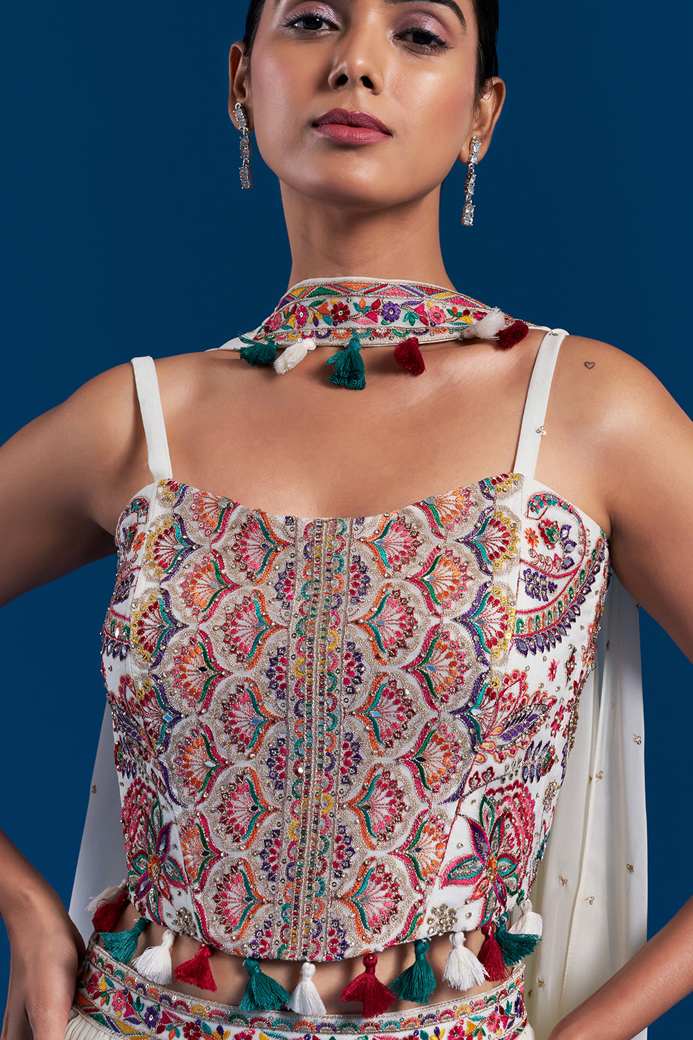 Multi-Colored Chiffon Skirt Set with Mirror Embellishments