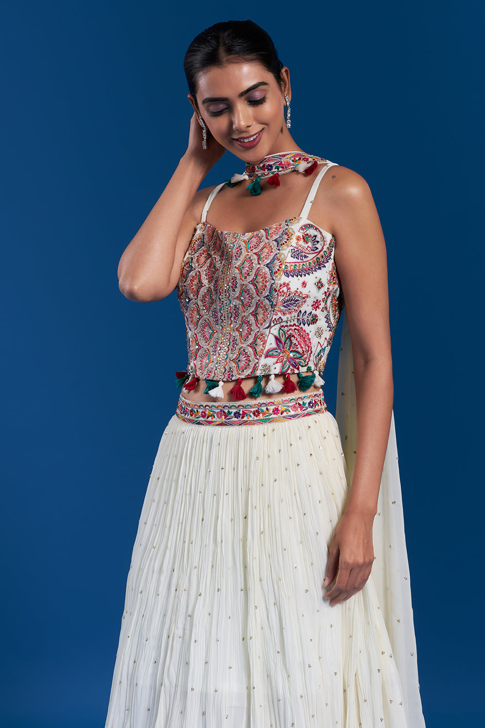 Multi-Colored Chiffon Skirt Set with Mirror Embellishments