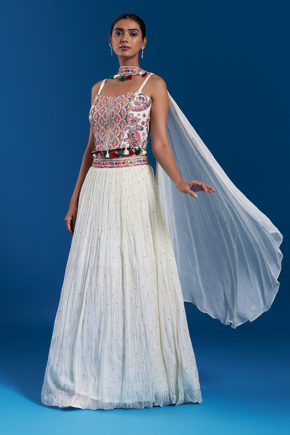 Multi-Colored Chiffon Skirt Set with Mirror Embellishments