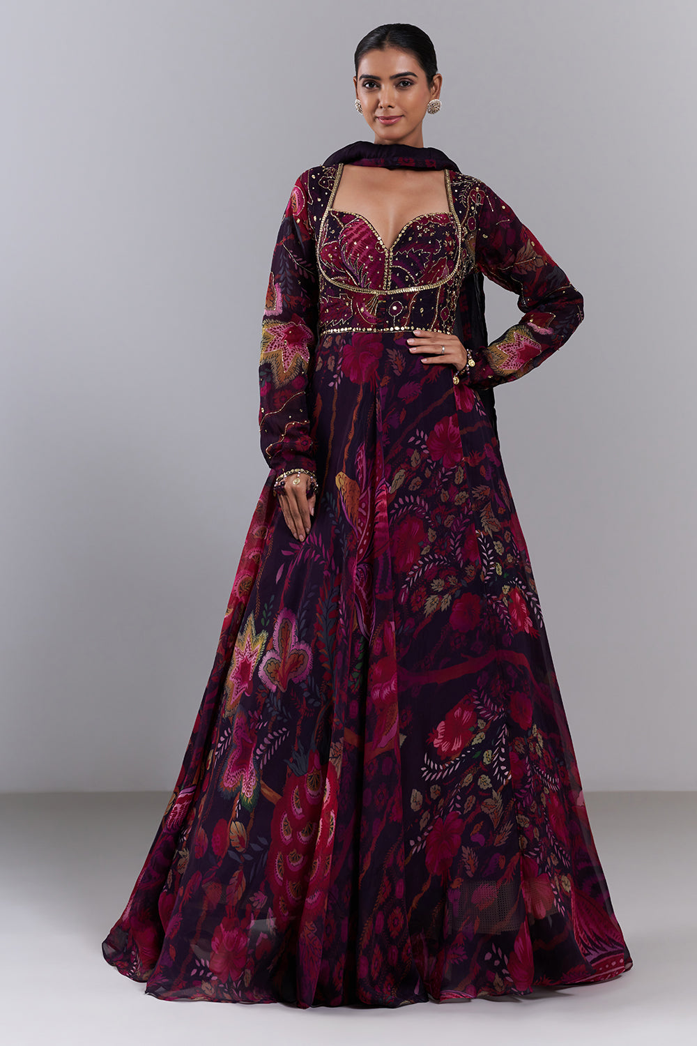 Multi-Colored Viscose Organza Embellished Anarkali Set