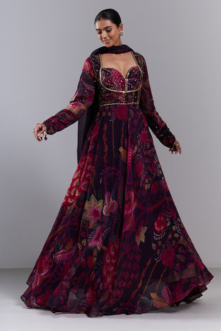 Multi-Colored Viscose Organza Embellished Anarkali Set