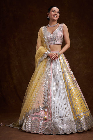 Multi-colour Raw Silk Contemporary Lehenga with Cutdana and Plastic Foil Work