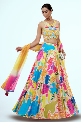 Multi-Coloured Satin Lehenga with Cutdana Work