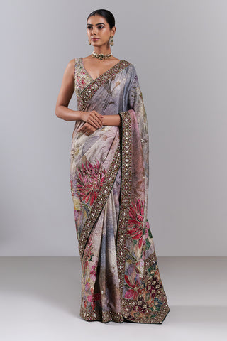 Multi-Coloured Tussar Silk Embellished Saree And Stitched Blouse
