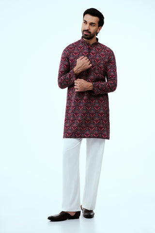 Multicolor Art Silk Printed Mens Kurta Set in Resham Work