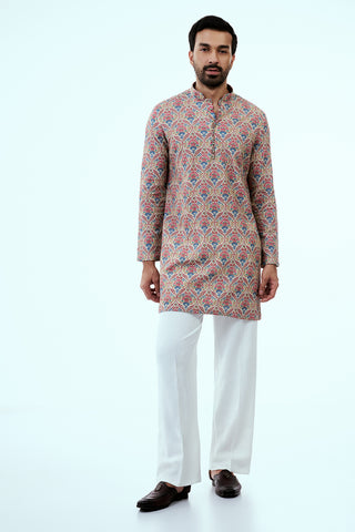 Multicolor Art Silk Printed Mens Kurta Set with Resham Work